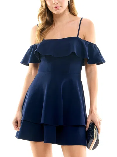 B Darlin Juniors Womens Ruffled Off-the-shoulder Cocktail And Party Dress In Blue