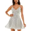 B Darlin Juniors Womens Sequined Mini Fit & Flare Dress In Gray