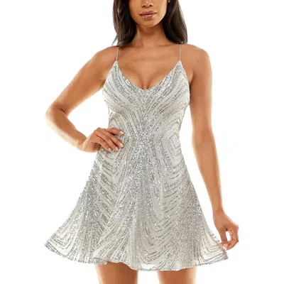B Darlin Juniors Womens Sequined Mini Fit & Flare Dress In Gray