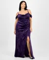B Darlin Off The Shoulder Velvet Gown In Purple
