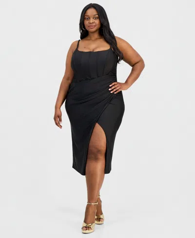 B Darlin Trendy Plus Size Asymmetric Corset Midi Dress In Black