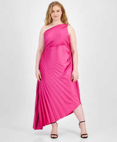 B Darlin Trendy Plus Size Asymmetric-neck Pleated Gown In Pink
