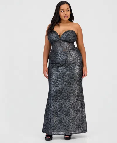 B Darlin Trendy Plus Size Corset Metallic Gown In Silver