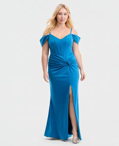 B Darlin Trendy Plus Size Corset Twist-front Sleeveless Gown In Blue