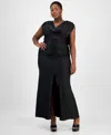 B Darlin Trendy Plus Size Draped Shiny-knit Maxi Dress In Black