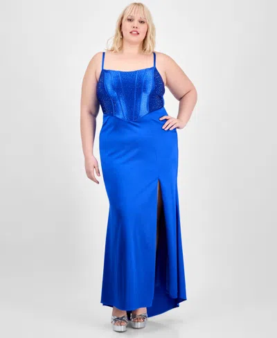 B Darlin Trendy Plus Size Embellished Corset Sleeveless Gown In Blue