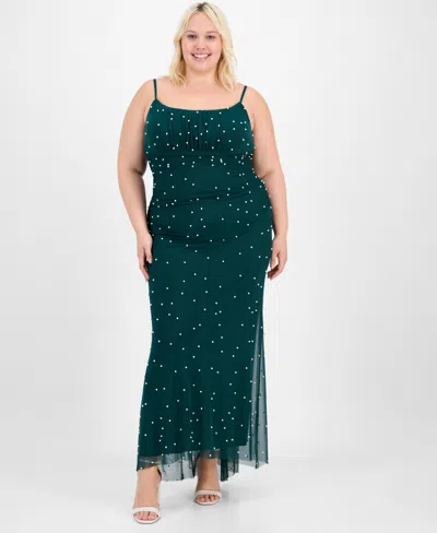 B Darlin Trendy Plus Size Emma Faux-pearl Beaded Gown In Green