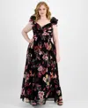 B Darlin Trendy Plus Size Floral-print Ruffle-strap Gown In Blk,multi