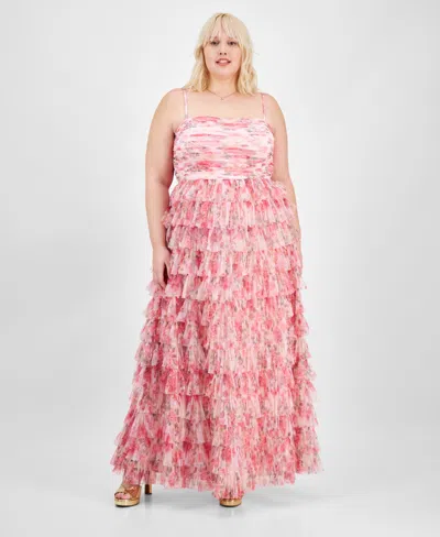 B Darlin Trendy Plus Size Floral Print Ruffle Tiered Gown, Created For Macy's In Pink