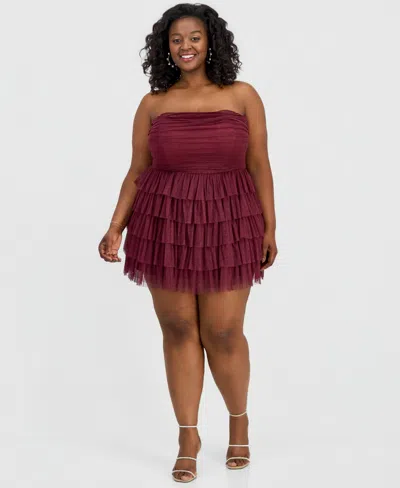 B Darlin Trendy Plus Size Glitter Ruffled Strapless Dress In Burgundy