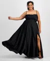 B Darlin Trendy Plus Size High-slit A-line Satin Gown, Created For Macy's In Black