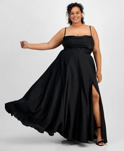 B Darlin Trendy Plus Size High-slit A-line Satin Gown, Created For Macy's In Black
