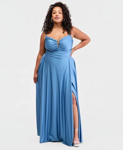 B Darlin Trendy Plus Size Notched V-neck Sleeveless Maxi Dress In Blue