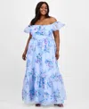 B Darlin Trendy Plus Size Off-the-shoulder Floral-print Gown In Blue