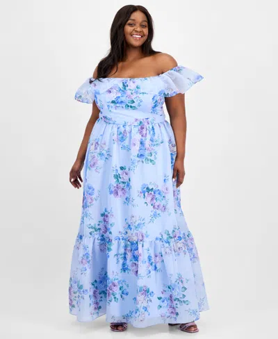 B Darlin Trendy Plus Size Off-the-shoulder Floral-print Gown In Blue