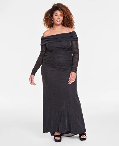B Darlin Trendy Plus Size Off-the-shoulder Glitter Gown In Black,silver