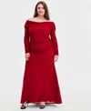 B Darlin Trendy Plus Size Off-the-shoulder Glitter Gown In Red