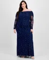 B Darlin Trendy Plus Size Off-the-shoulder Pearl Gown In Burgundy