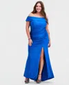 B Darlin Trendy Plus Size Off-the Shoulder Ruched Gown, Created For Macy's In Blue