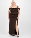 B Darlin Trendy Plus Size Off-the-shoulder Satin Gown In Brown