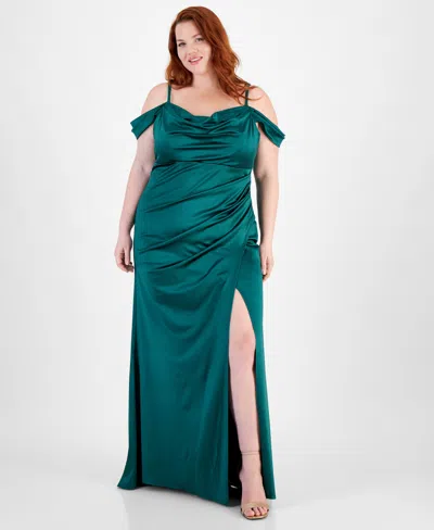 B Darlin Trendy Plus Size Off-the-shoulder Satin Gown In Hunter | ModeSens