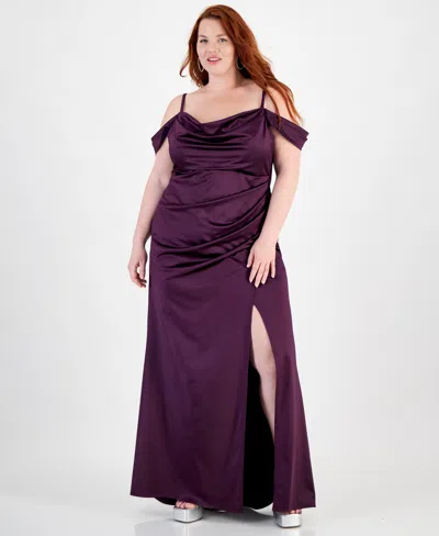 B Darlin Trendy Plus Size Off-the-shoulder Satin Gown In Plum