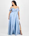 B Darlin Trendy Plus Size Off-the-shoulder Satin Jacquard Gown In Blue