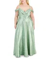 B Darlin Trendy Plus Size Off-the-shoulder Satin Jacquard Gown In Sage