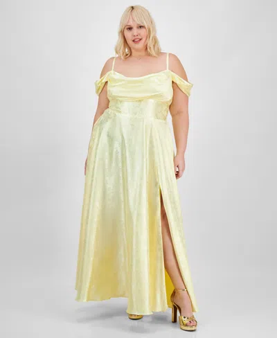 B Darlin Trendy Plus Size Off-the-shoulder Satin Jacquard Gown In Yellow