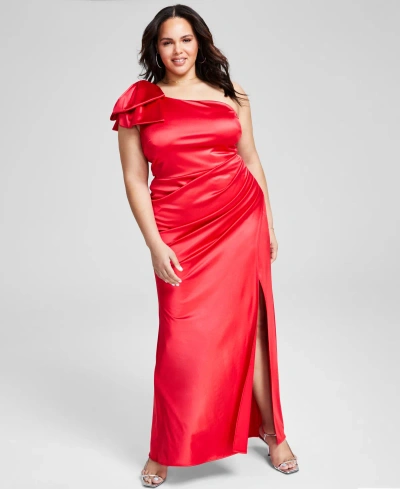 B Darlin Trendy Plus Size One-bow-shoulder Ruched Satin Dress In Red