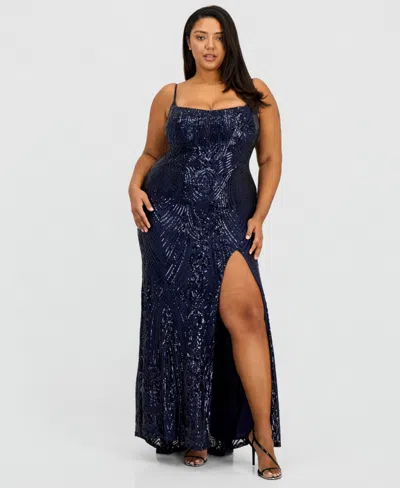 B Darlin Trendy Plus Size Patterned Sequined Back-tie Gown In Blue