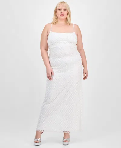 B Darlin Trendy Plus Size Pearl-embellished Mesh Sleeveless Gown In White