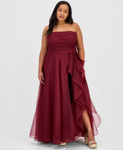 B Darlin Trendy Plus Size Ruffled Strapless Gown In Burgundy