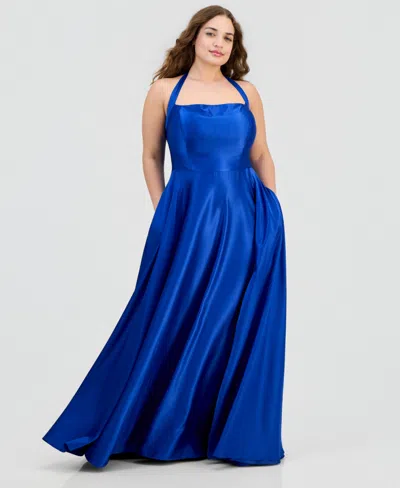 B Darlin Trendy Plus Size Satin Halter Gown In Blue