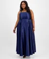 B Darlin Trendy Plus Size Satin Halter Gown In Navy