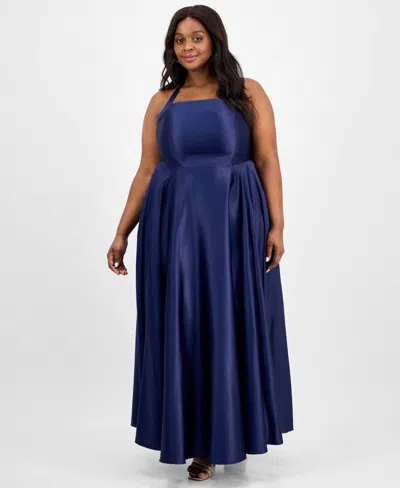 B Darlin Trendy Plus Size Satin Halter Gown In Navy
