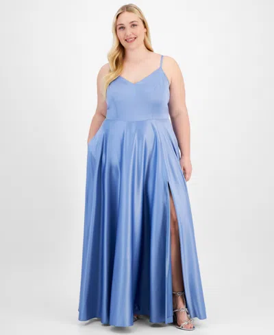 B Darlin Trendy Plus Size Satin Sleeveless Gown In Chambray