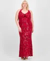 B Darlin Trendy Plus Size Sequin Embellished Halter Gown, Created For Macy's In Red