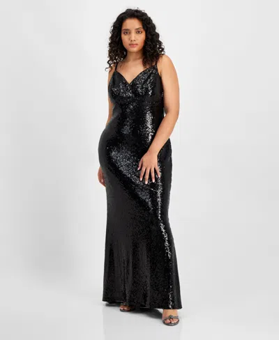 B Darlin Trendy Plus Size Sequin V-neck Gown In Blk,blk