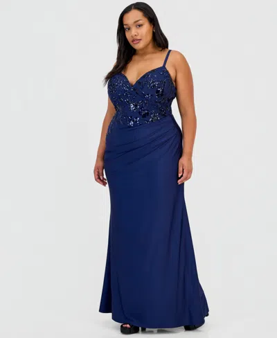 B Darlin Trendy Plus Size Sequinned Pleated Gown In Navy,navy,navy