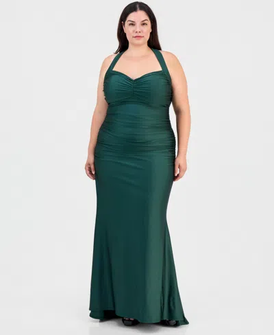 B Darlin Trendy Plus Size Shiny Knit Ruched Back-tie Gown In Green