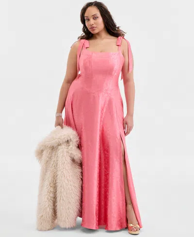 B Darlin Trendy Plus Size Shoulder-tie Side-slit Gown In Pink