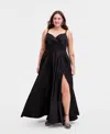 B Darlin Trendy Plus Size Spaghetti Strap V-neck Pleated Gown In Black