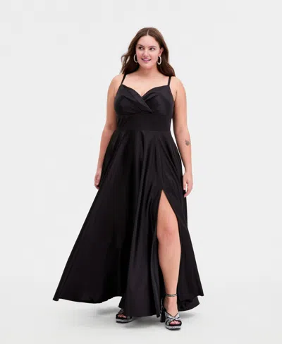 B Darlin Trendy Plus Size Spaghetti Strap V-neck Pleated Gown In Black