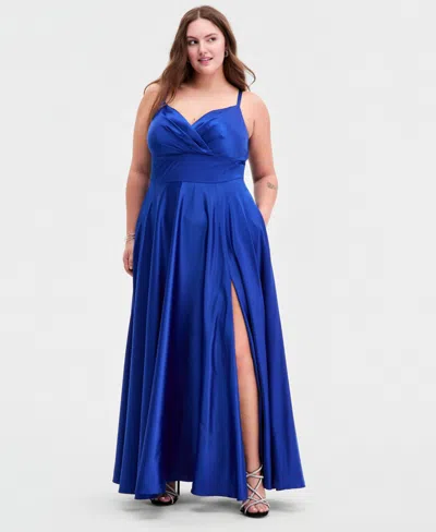 B Darlin Trendy Plus Size Spaghetti Strap V-neck Pleated Gown In Blue