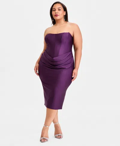 B Darlin Trendy Plus Size Strapless Satin Sheath Dress In Purple