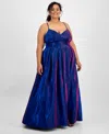 B Darlin Trendy Plus Size V-neck Sleeveless Glitter Ball Gown In Brightblue