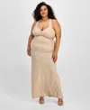B Darlin Trendy Plus Size V-neck Sleeveless Glitter Gown, Created For Macy's In Med Beige