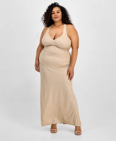 B Darlin Trendy Plus Size V-neck Sleeveless Glitter Gown, Created For Macy's In Med Beige