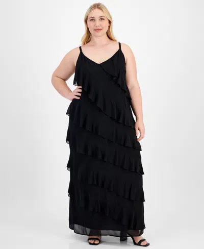 B Darlin Trendy Plus Size V-neck Sleeveless Ruffle-trim Gown In Black